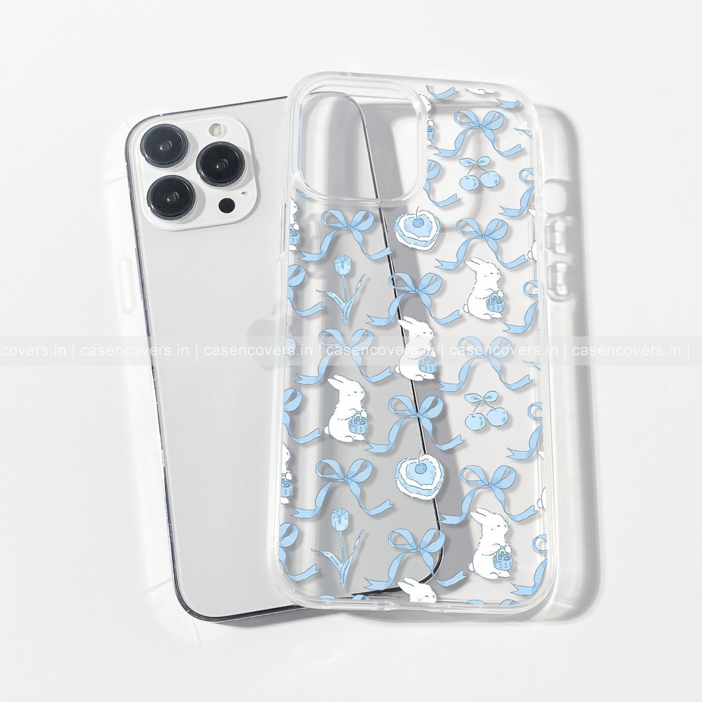 Cute Blue Bunny & Bows Clear Phone Case