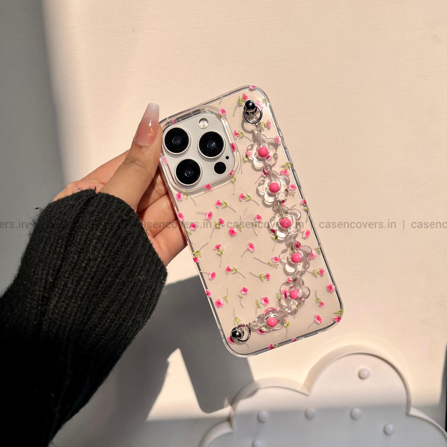 Vogue Pink Floral Chain Phone Case