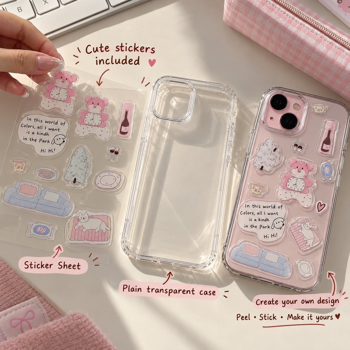 Cute Pink Teddy 3D Stickers Clear Phone Case