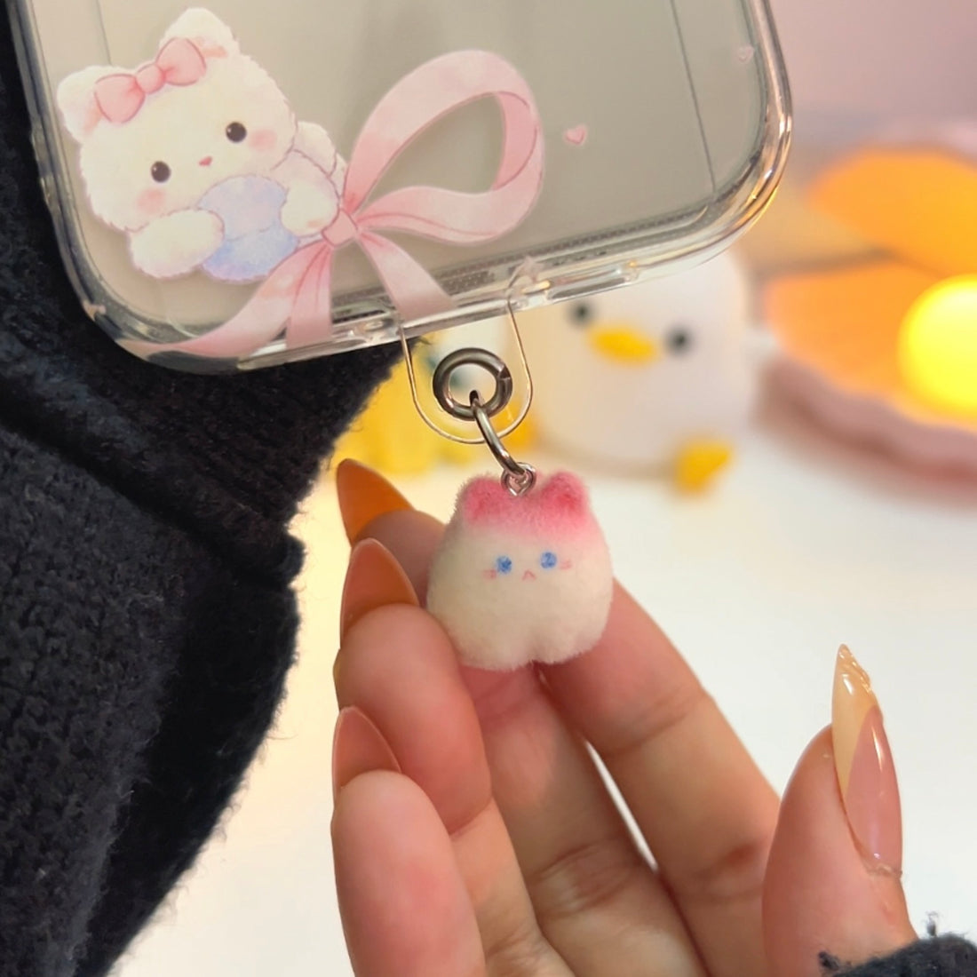 Cute Pink Furr Hanging Phone Charm With Transparent holder