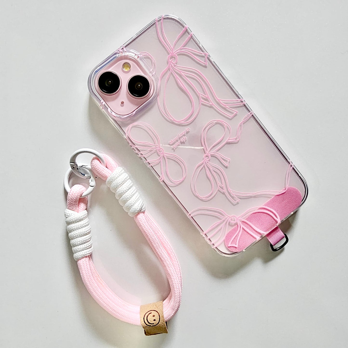 Blush Bow Charm Phone Case with Pink Wrist Strap
