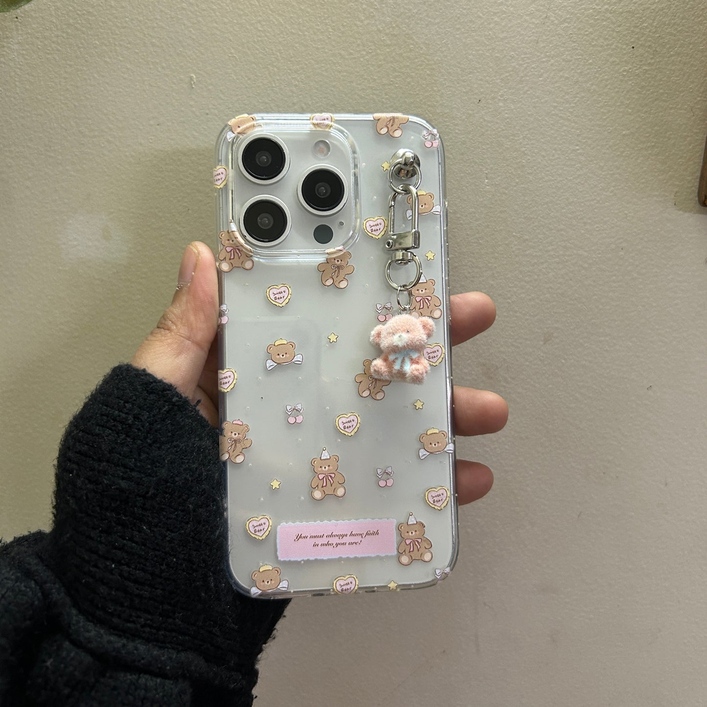 Cozy Bear Clear Case with Plush Hanging Charm