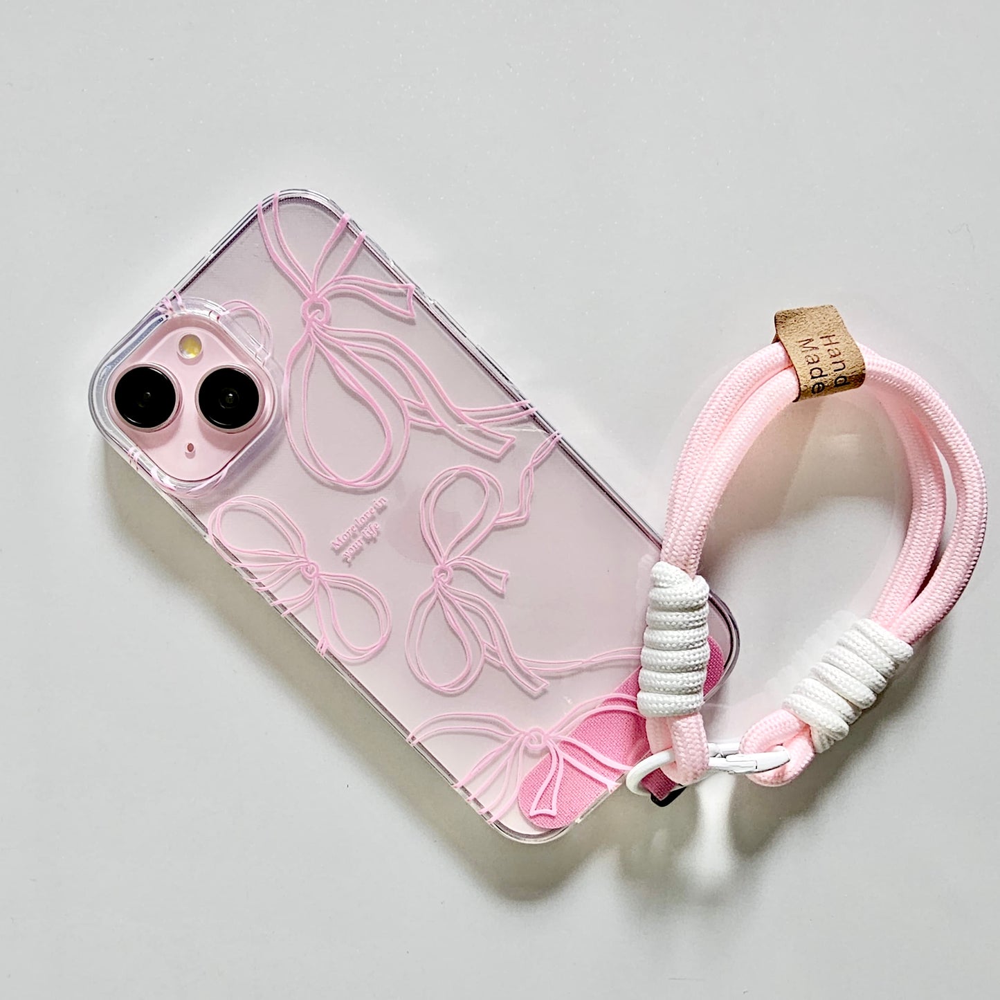 Blush Bow Charm Phone Case with Pink Wrist Strap
