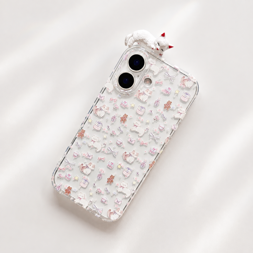 Pastel Kawaii Cat Phone Case With Cute Cat Topper